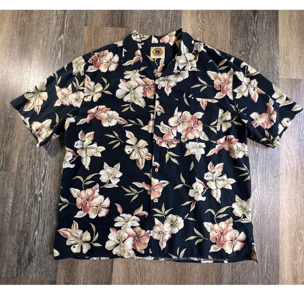 Pusser's West Indies Button Down Mens Large Black Floral Silk Cotton Hibiscus